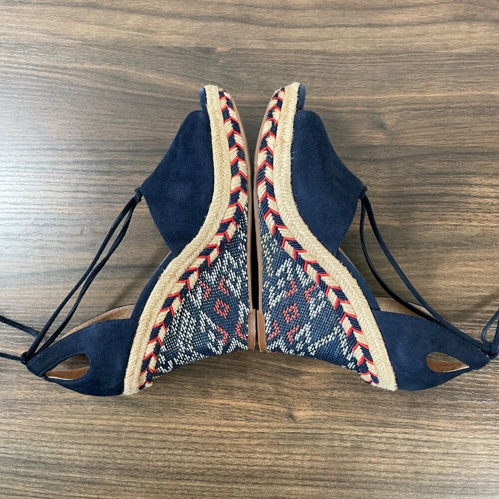 Cabi Wrap Lace-Up Blue Suede Leather Espadrille Aztec Wedge Heel Women's 5M - Picture 4 of 15